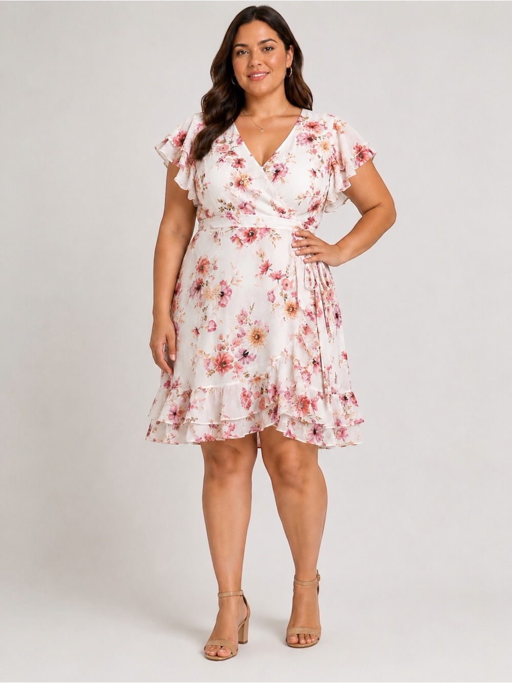 City Chic Ruffle Mini Dress Tie Waist V Neck Floral Print Ivory Pink Plus 16 NWT